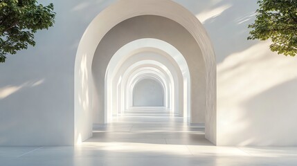 Fototapeta premium A white hallway with arched doorways.