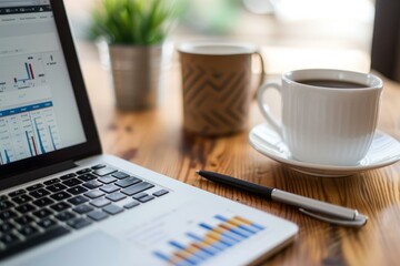 Fototapeta premium Laptop on wooden desk showing financial charts with a cup of coffee and a pen