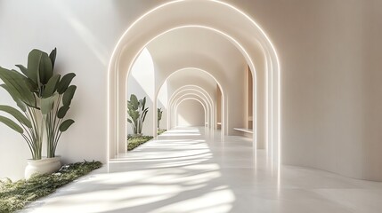 Fototapeta premium An empty hallway with arched doorways and a green plant on the left.