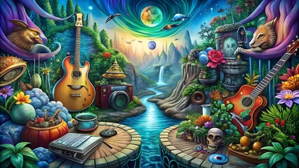 Naklejka premium Enchanted Landscape with Musical Instruments Nature Surrealism Fantasy Art