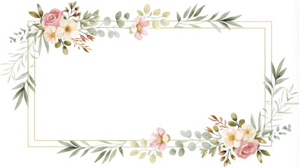 Fototapeta premium Watercolor floral frame. Hand painted flowers and leaves isolated on white background.