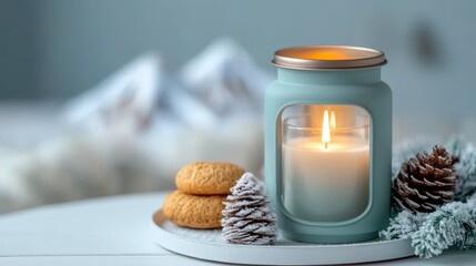 A cozy setting featuring a lit candle, cookies, and decorative pinecones, evoking a warm and inviting atmosphere.