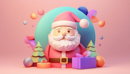 Santa Claus smiling on a warm color background with bokeh, Christmas Eve in December, 3D clay