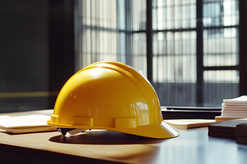 Yellow safety helmet resting on a desk, symbolizing teamwork in construction