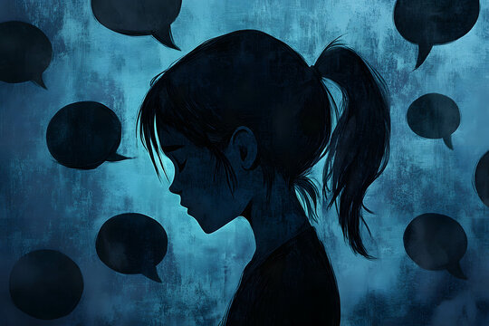 Close-up illustration of a bullied individual, shadowed by negative speech bubbles filled with harsh words