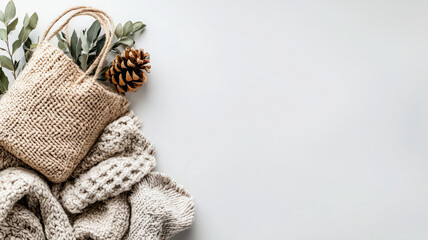 Cozy knitted blanket, natural woven bag, pine cone, and greenery create warm, inviting atmosphere perfect for autumn or winter decor