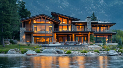 Luxury Montana lake house with panoramic mountain views at sunset, rustic modern estate on Flathead Lake