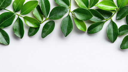 Naklejka premium Fresh green leaves arranged on white background, showcasing their vibrant color and texture, perfect for nature themed designs or eco friendly concepts
