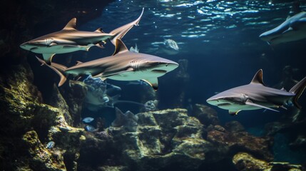 Fototapeta premium Group of sharks swimming together in deep waters