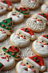 Freshly baked delicious Christmas gingerbread Santa Claus cookies with beautiful winter holidays decorations. Tasty pastry with frosting and sprinkle. Christmas cozy decoration.