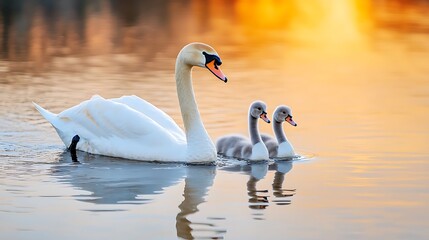 Fototapeta premium The tranquil lake reflects the soft hues of the setting sun, casting a golden glow across the water