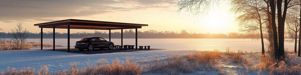 Fototapeta premium Abstract Marketing Background Featuring a Modern Family Carport Parking Space with Ample Open Space, Cars, Plants, Grass, Trees, and Warm Winter Sunshine Against a Snowy Scene, 3D Rendered with Perfec