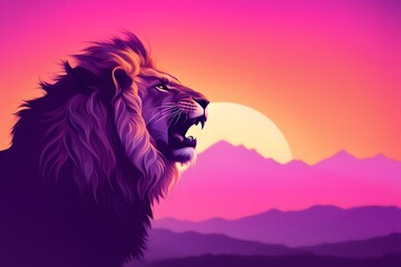 Majestic lion roaring against a sunset gradient background with shades of pink orange, Ai Generated