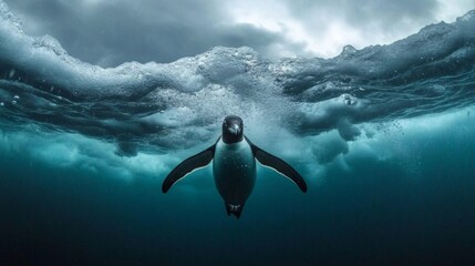 Fototapeta premium Penguin swimming gracefully beneath the icy waters