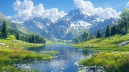 Fototapeta premium Scenic mountain landscape with a serene river and vibrant flora.