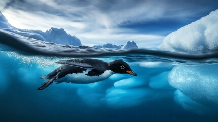 Penguin swimming gracefully beneath the icy waters