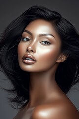 Fototapeta premium Stunning Beauty, Black Hair Woman with Glowing Skin, Hair Care Product, Studio Portrait