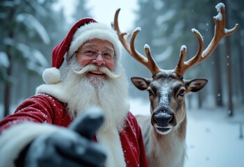 Selfie of Santa Claus and a reindeer standing in a snowy forest, looking at the viewer