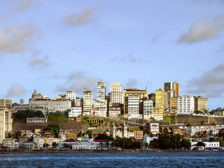 SALVADOR DE BAHIA, BRAZIL: downtown city skyline, under late afternoon sunlight, front view,...