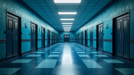Fototapeta premium Serene Police Station Hallway Illuminated by Soft Light, Featuring Blue Walls and Glossy Floors for a Calm and Professional Ambiance