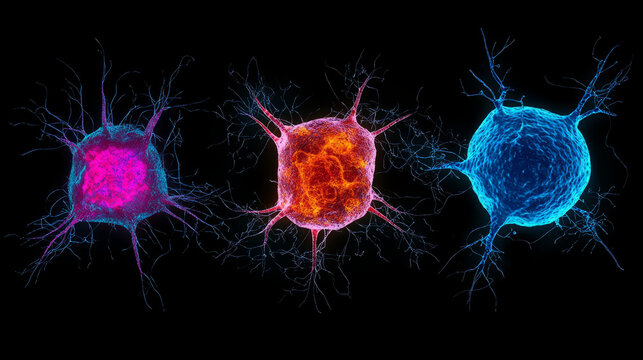 Immune cells depicted in vibrant colors, showcasing innate lymphoid cells and NK cell lineage. intricate details highlight their unique structures and functions