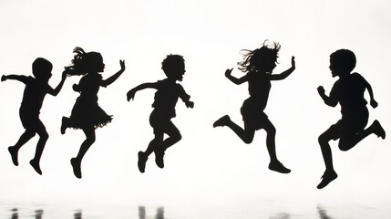 Obraz premium A playful scene featuring the silhouettes of children running and jumping
