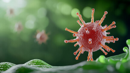 detailed illustration of virus with spikes, surrounded by green cells, showcasing complexity of cellular interactions. vibrant colors highlight biological processes