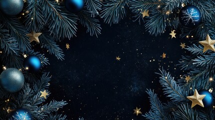 Fototapeta premium Decorative pine branches frame a dark background adorned with golden stars and blue ornaments, creating a festive atmosphere suitable for holidays or celebrations.