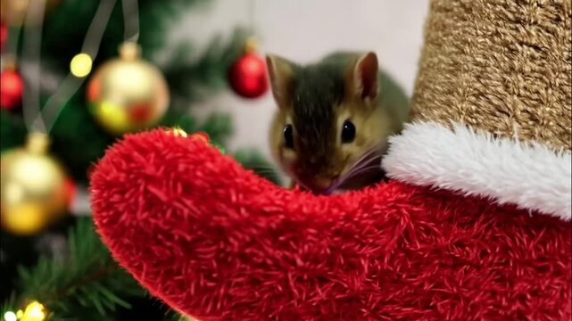 Merry Christmas and Happy New Year horizontal video, pet rodents, jerboa, hamster, mouse, holiday greeting