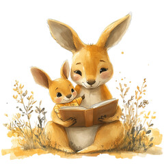 Mother kangaroo holds her baby and reads a book. Wonderful cute children's watercolor cozy illustration in orange colors without background png. Mom's first fairy tale.