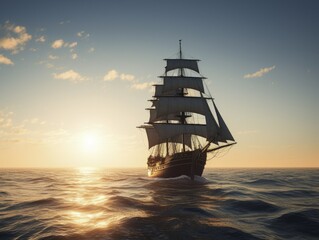 Sailing ship on a sea cruise. Sunset. Travel.