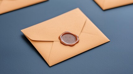 Elegant brown envelopes sealed with wax on a blue background, perfect for invitations or...