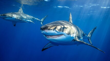 Fototapeta premium Sharks circling in the deep blue sea with sunlight filtering through