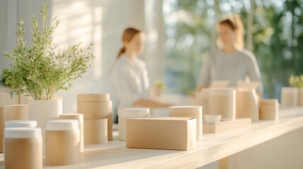 Sunlit Workspace with Eco-Friendly Packaging and Two People Discussing Ideas
