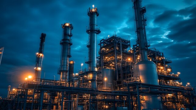 A large industrial plant with many tall towers and a cloudy sky in the background. The sky is dark and the lights are on, giving the scene a mysterious and ominous feel