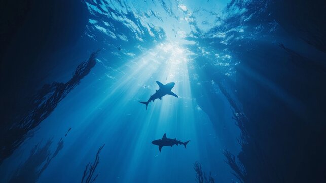 Sharks circling in the deep blue sea with sunlight filtering through