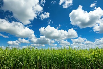 Lush Green Grass Field Under a Blue Sky with Fluffy Clouds