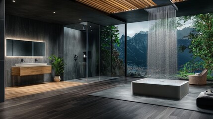 Fototapeta premium Modern Bathroom with Adjustable Shower Head, Rainfall Water Spray and Stunning Mountain View, Featuring Clean Lines and Sleek Designs