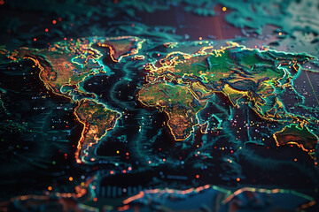Naklejka premium High-Tech 3D World Map with Trade Routes & Finance Flow