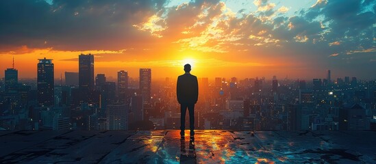 Fototapeta premium Silhouette of a Man at Sunset Over a City