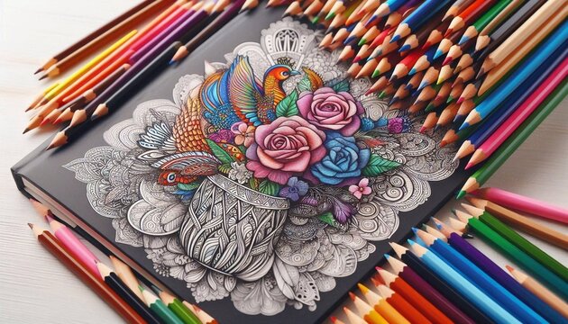Multicolored pencils and coloring book. Close-up