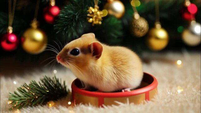 Merry Christmas and Happy New Year horizontal video, pet rodents, jerboa, hamster, mouse, holiday greeting