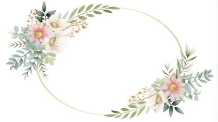 Watercolor floral wreath with flowers and green leaves isolated on white background