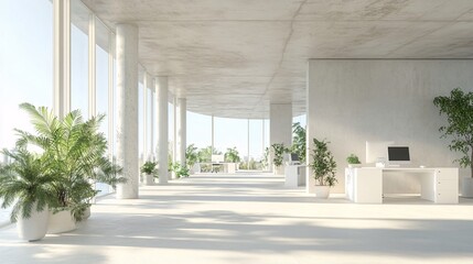 Blurred image of a white open space office interior suitable for use as a background
