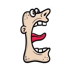 Screaming man letter "E" with tongue out, vector style