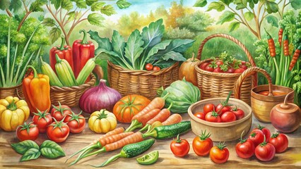 Vibrant Watercolor Vegetable Garden Illustration Capturing the Essence of Fresh Produce and Nature’s Bounty in a Stunning Fashion Photography Style