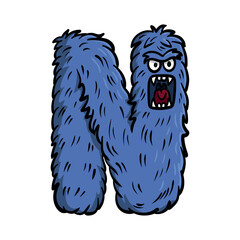 Furry monster letter "N" in cute cartoon vector style