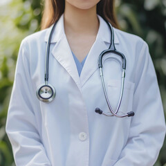 A female doctor wearing a white coat and stethoscope stands with her arms crossed in a hospital setting