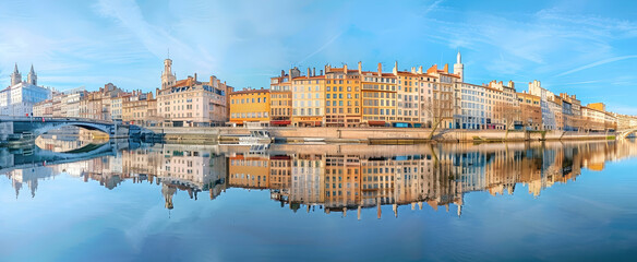 Naklejka premium Panoramic view of the city center and river with its historic buildings in Lyon