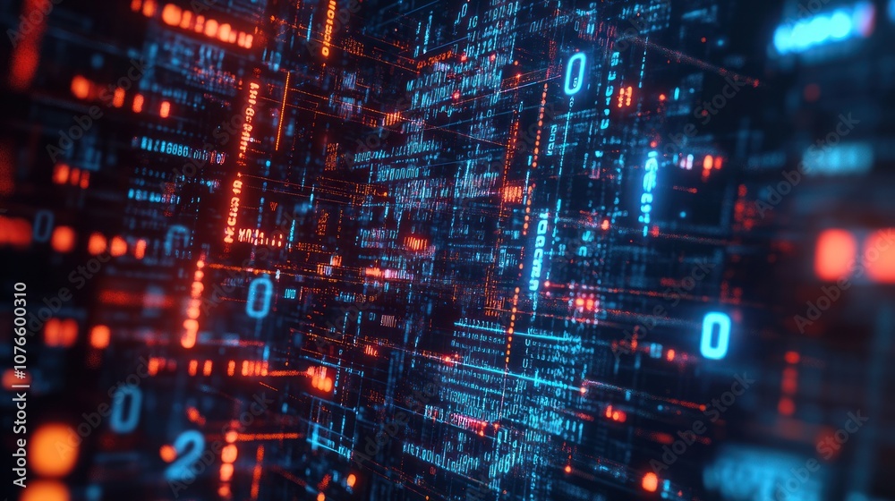 Poster futuristic code matrix with glowing symbols, binary code, and abstract digital shapes forming a comp